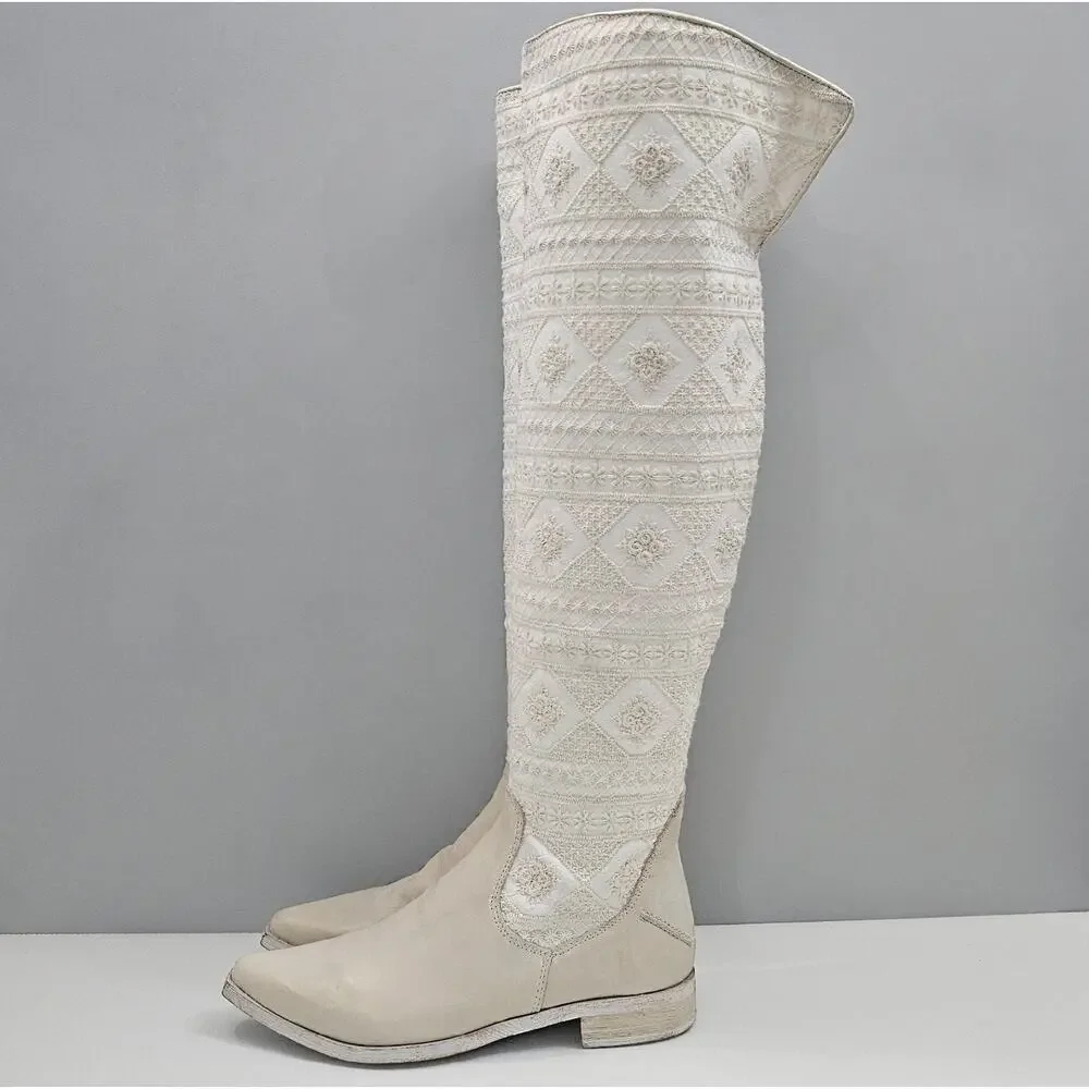 Free People Bren Knee High Boot Womens EU 37 Cream Embroidered Boho Slouchy NEW